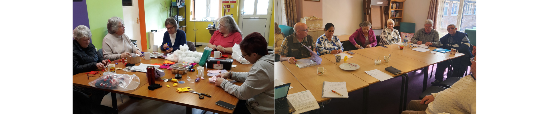 Grwpiau o bobl, yn amrywio o oedran a rhyw, yn eistedd o gwmpas byrddau hir pren yn gwneud crefftau, yn siarad ac yn gweithio gyda'i gilydd.